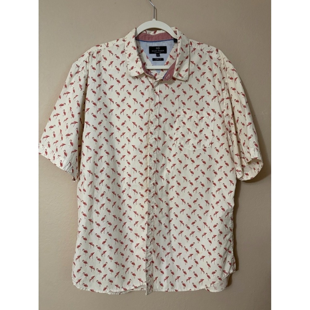Michael Brandon Men's Slim Fit Shirt L White Pink Flamingo Print Cotton XXL